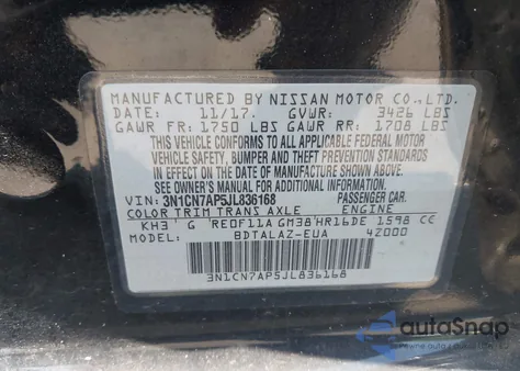 2018 Nissan Versa 1.6 S+ z USA, uszkodzony, nr VIN 3N1CN7AP5JL836168